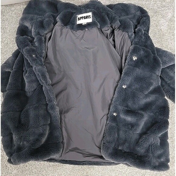 Apparis Goldie Faux Vegan Fur Oversized Hood Jacket Carbon Gray Women’s Size XS - Picture 8 of 11
